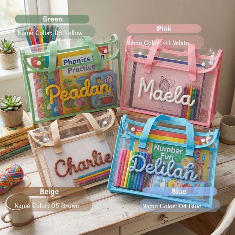 May include: Four rectangular transparent mesh tote bags with fabric handles and snap closures. Each bag features a personalized name in raised yarn lettering and contains books, colored pencils, and markers in green, pink, beige, and blue.