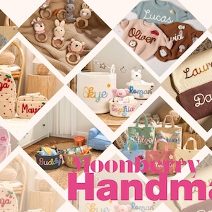 May include: A collage of personalized children's items, including backpacks, sweaters, and tote bags, each embroidered with names. The items are in various colors, with a focus on soft pastels and natural tones. The image also features baby rattles and decorative baskets.