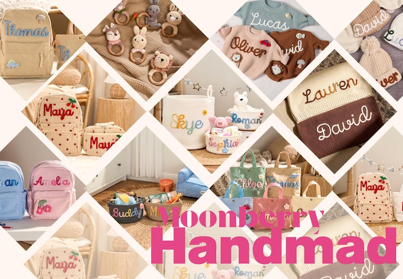 May include: A collage of personalized children's items, including backpacks, sweaters, and tote bags, each embroidered with names. The items are in various colors, with a focus on soft pastels and natural tones. The image also features baby rattles and decorative baskets.