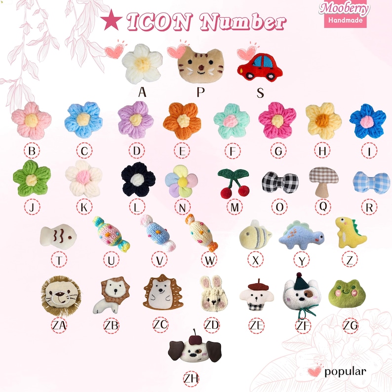 Puede incluir: Una colecci&oacute;n de adornos de tela hechos a mano en varias formas y colores, incluyendo flores, animales y caramelos. La imagen incluye el texto "ICON Number" y "Mooberry Handmade".