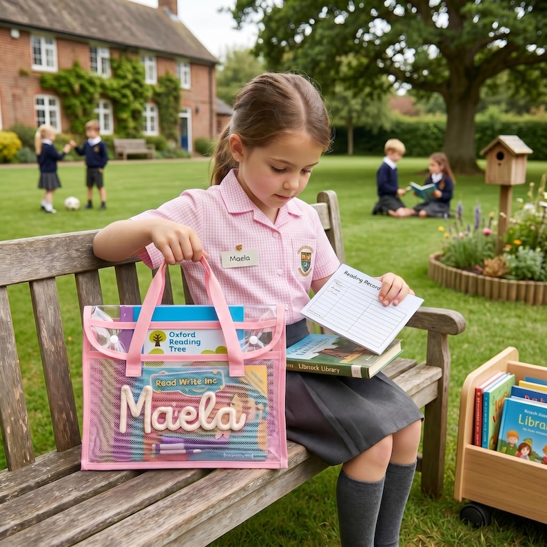 May include: A clear plastic book bag with pink trim and handles, featuring the name Maela in raised white letters on the front. The bag contains an Oxford Reading Tree book and Read Write Inc materials, with a white Reading Record card on top.