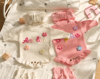 Personalized Knitted Baby Romper Set with Hat & Booties, Custom Embroidered Name Newborn Outfit, Coming Home Suit, Hand-Stitched Gift