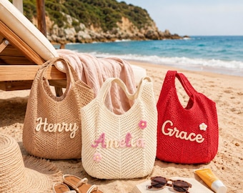 Personalized Beach Tote Bag, Custom Floral Crochet Bride Bag, Bridesmaid Gift, Wedding Favor, Bachelorette