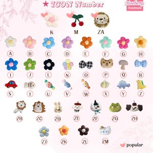 May include: A collection of small, colorful, plush-textured appliques arranged in a grid, labeled with letters A through ZM. The items include various flowers, animals, food items, and shapes, each featuring distinct colors and embroidered details.
