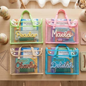 May include: Four rectangular mesh document bags with handles and snap closures, featuring personalized names in yarn lettering. The bags are lime green, pink, beige, and blue, each containing school workbooks and pencils labeled Read Write Inc.