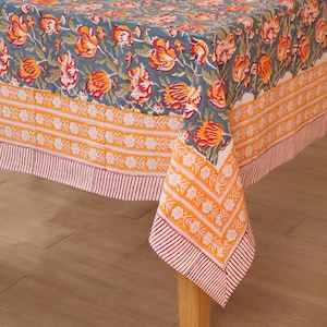 Indian Floral Hand-Block Printed Cotton Tablecloth, Vintage Table Top, Table Cover for Wedding Events Home Décor Party Gift For Her