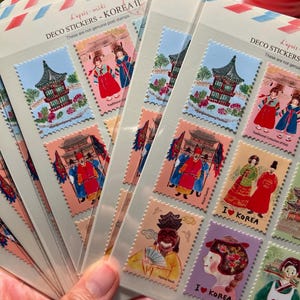 Korean Culture Sticker Sheet  Stamp-style deco stickers with hanbok, palaces & masks – perfect for laptops, journals, scrapbooks