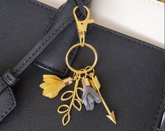 Modern Charm Keychain with Chiffon Tassels, Gold Leaf, Gold Arrow, Zipper Pull, Purse Charm