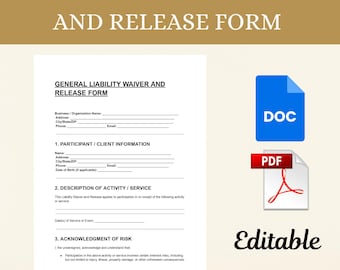 General Liability Waiver and Release Form Template DOC & PDF | Editable Legal Waiver | Instant Download