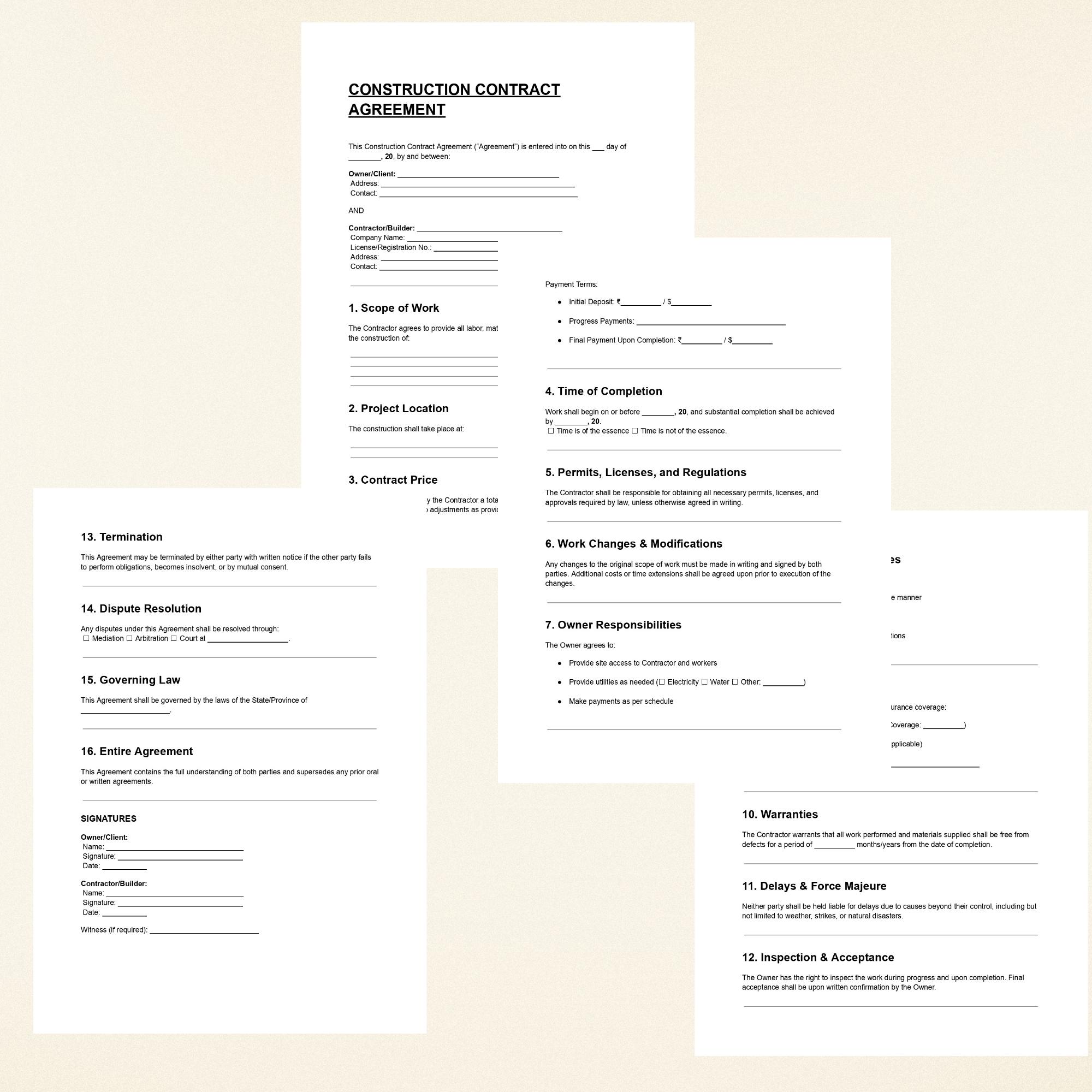 Construction Contract Agreement Template PDF | Editable Legal Document ...