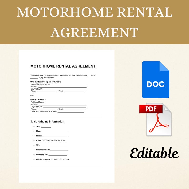 Motorhome Rental Agreement Template PDF DOC, Editable RV Campervan Hire ...
