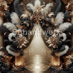 Black & Gold Digital Photography Backdrop Feathers and Pampas Digital Background Modern Photography Backdrop Birthday Anniversary