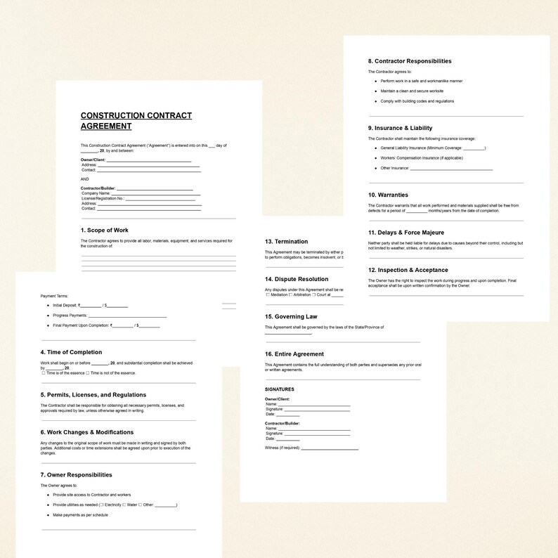 Construction Contract Agreement Template PDF | Editable Legal Document ...