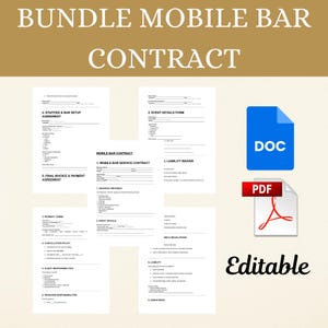 May include: A bundle of mobile bar contract templates. The image includes several white documents with black text, a blue DOC icon, and a red PDF icon. The word "Editable" is in the bottom right corner.
