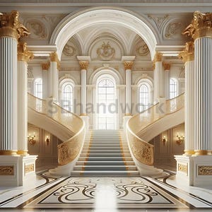 Luxurious Grand Staircase Digital Backdrop | Elegant Royal Palace Interior with Marble Columns, Golden Accents & Ornate Archways