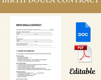 Plantillas de contrato de acuerdo de doula (PDF, DOC), conjunto de formularios de consentimiento de admisión de doula de parto editables