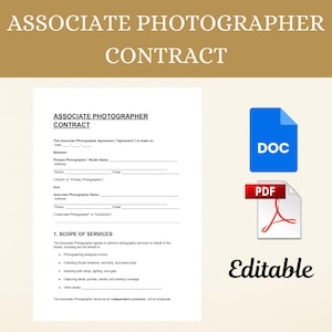 Könnte beinhalten: Ein weißes Associate Photographer Contract-Dokument mit dem Titel oben. Das Dokument enthält Felder für Datum, Namen, Adressen und einen Leistungsumfang. Zwei Dateisymbole, DOC und PDF, befinden sich rechts, darunter das Wort "Editable".