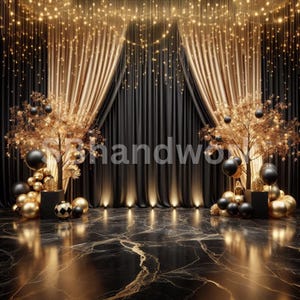 Black & Gold Digital Photography Backdrop Feathers and Pampas Digital Background Modern Photography Backdrop Birthday Anniversary