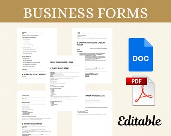 May include: A collection of spray tan business forms, including client intake, consent, and policy agreements. The image features a blue DOC file icon and a red PDF file icon, with the word "Editable" at the bottom.