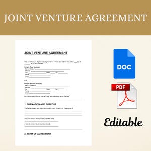 May include: A white Joint Venture Agreement document with the title at the top. The document includes sections for parties, formation, and purpose. Accompanying the document are DOC and PDF file icons, with the word "Editable" below.
