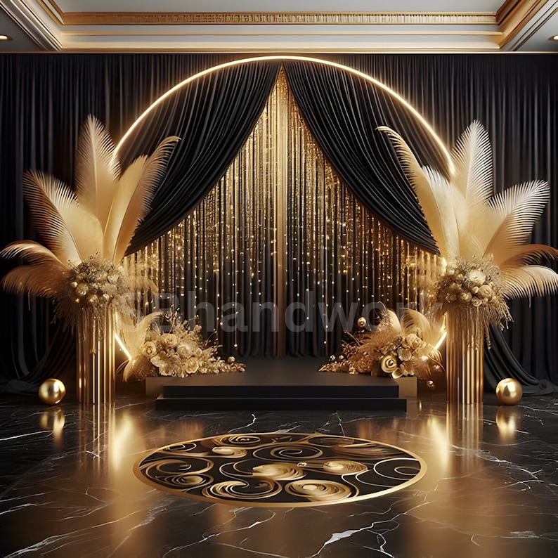 Black & Gold Photography Backdrop, Elegant Feathers Design (digital ...
