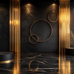 May include: A black wall featuring three gold circular frames of varying sizes arranged in a cluster. The wall is flanked by vertical gold panels, and the floor is made of black marble with white veining, reflecting the warm gold lighting.