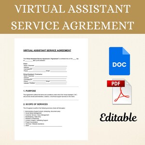 May include: A document titled "VIRTUAL ASSISTANT SERVICE AGREEMENT" with fillable fields for client and contractor details. Features "DOC" and "PDF" icons, and the word "Editable". The agreement covers services such as administrative support and social media management.