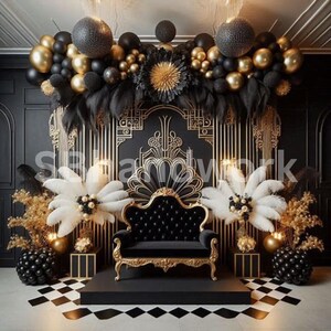 Black & Gold Digital Fotografie Backdrop Federn und Pampas Digitaler Hintergrund Moderne Fotografie Backdrop Geburtstag Jahrestag