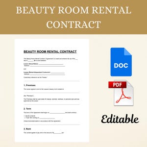 May include: A document titled "BEAUTY ROOM RENTAL CONTRACT" with a blue DOC icon and a red PDF icon. The document is white with black text, and the word "Editable" is at the bottom right.