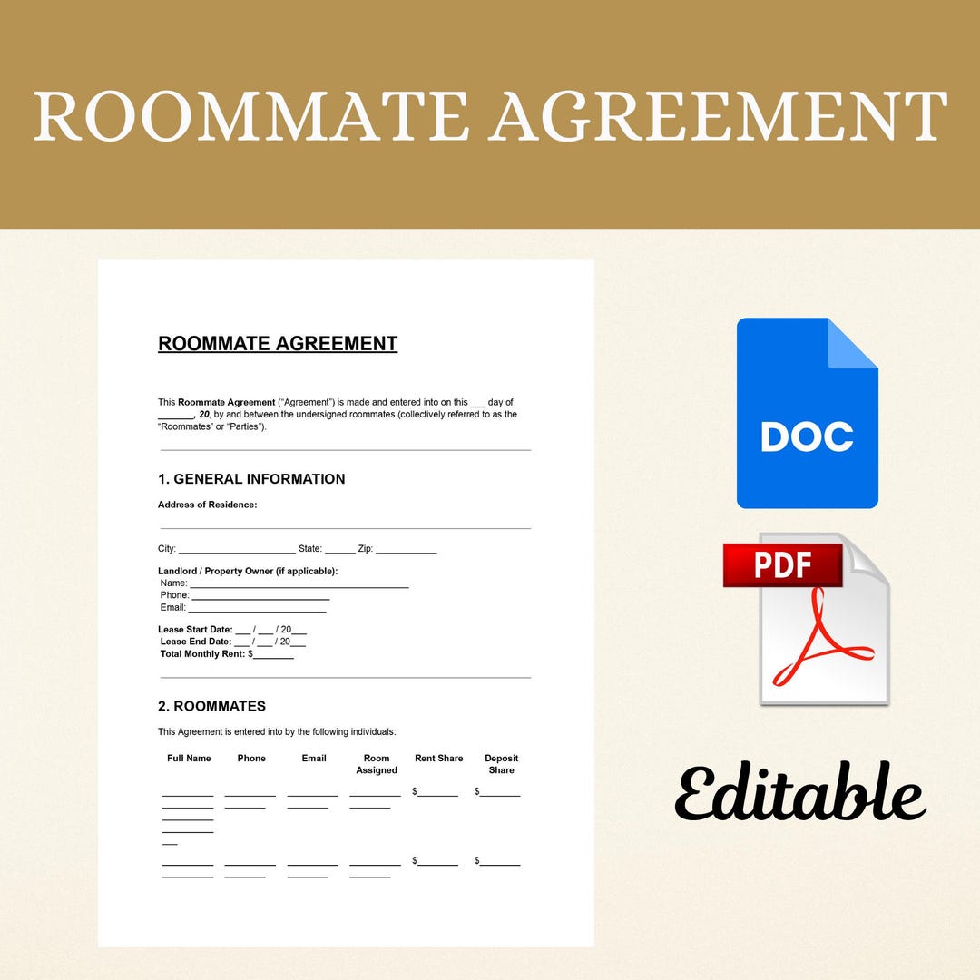 Roommate Agreement Template DOC & PDF | Editable Shared Housing ...