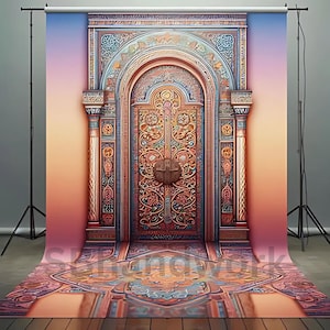 Novo cenário de arco de palácio indiano | Porta ornamentada com tapete boho e pilares esculpidos | Fundo fotográfico cultural para casamentos