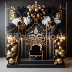 Black & Gold Digital Fotografie Backdrop Federn und Pampas Digitaler Hintergrund Moderne Fotografie Backdrop Geburtstag Jahrestag