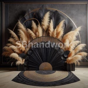 Black & Gold Digital Fotografie Backdrop Federn und Pampas Digitaler Hintergrund Moderne Fotografie Backdrop Geburtstag Jahrestag