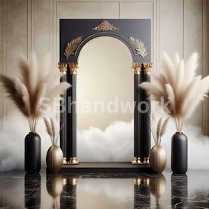 Black & Gold Digital Photography Backdrop Feathers and Pampas Digital Background Modern Photography Backdrop Birthday Anniversary