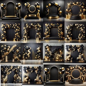 Puede incluir: Una colección de decoraciones para fiestas en negro y dorado, que incluyen arcos de globos, escenarios y fondos. Los diseños presentan detalles dorados, estrellas y círculos, creando un ambiente festivo y elegante. Ideal para celebraciones y eventos.