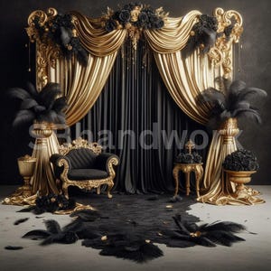 Black & Gold Digital Photography Backdrop Feathers and Pampas Digital Background Modern Photography Backdrop Birthday Anniversary