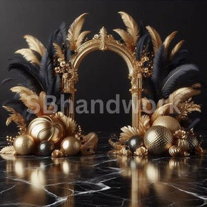 Black & Gold Digital Fotografie Backdrop Federn und Pampas Digitaler Hintergrund Moderne Fotografie Backdrop Geburtstag Jahrestag