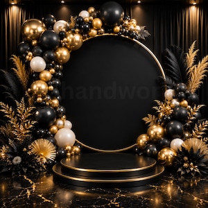 May include: A circular gold frame backdrop decorated with a dense arrangement of black, gold, and white balloons. The display features gold-painted dried foliage and black feathers, centered above a two-tiered black circular platform with gold trim.