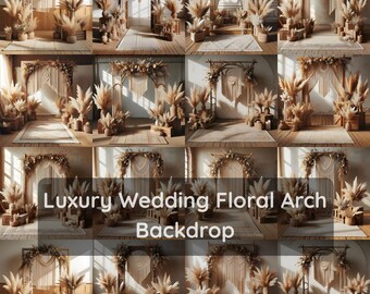 May include: A collection of wedding backdrops featuring floral arches and pampas grass arrangements. The arches are made of wood and decorated with flowers and macrame. The text "Luxury Wedding Floral Arch Backdrop" is displayed.