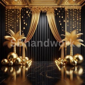 Black & Gold Digital Fotografie Backdrop Federn und Pampas Digitaler Hintergrund Moderne Fotografie Backdrop Geburtstag Jahrestag