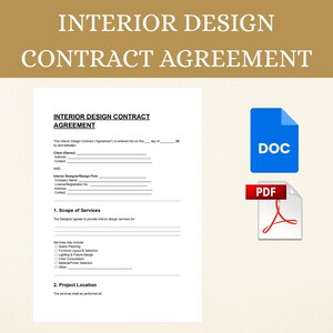 Pode incluir: Um documento branco de Acordo de Contrato de Design de Interiores com o título em texto grande. O documento inclui seções para informações do cliente e do designer, escopo dos serviços e localização do projeto. Um ícone DOC azul e um ícone PDF vermelho à direita.