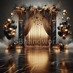 Black & Gold Digital Photography Backdrop Feathers and Pampas Digital Background Modern Photography Backdrop Birthday Anniversary