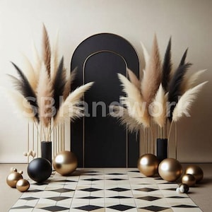 Black & Gold Digital Fotografie Backdrop Federn und Pampas Digitaler Hintergrund Moderne Fotografie Backdrop Geburtstag Jahrestag