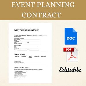 May include: A white event planning contract template with the title "EVENT PLANNING CONTRACT" in a gold banner. Includes sections for event details and scope of services. Features DOC and PDF file icons, and the word "Editable".