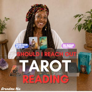May include: A tarot card deck titled The Light Seer's Tarot in a teal box, displayed alongside several spread cards on a wooden surface. The cards feature various illustrations, and the text reads Should I Reach Out Tarot Reading.