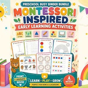 May include: A preschool busy binder bundle featuring Montessori inspired early learning activities. The cover displays colorful icons for letters, numbers, shapes, colors, patterns, sight words, and tracing, with various educational worksheets.