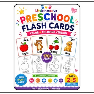 May include: A set of preschool flash cards titled Little Hands Up, featuring color and coloring versions of letters A through D with illustrations of an apple, bear, cherry, and dog. The pack includes 170+ cards for ages 2-5, covering 9 categories.