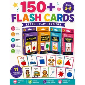 Op de afbeelding: Een set van 150+ educatieve flashcards voor kinderen van 2-5 jaar, met vier kleurrijke doosjes gelabeld Alphabet, Colors & Shapes, First Words en Numbers 0-20. De kaarten tonen diverse illustraties waaronder een appel, auto en leeuw.