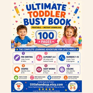 May include: A printable educational busy book for toddlers featuring 100 pages of activities including pre-writing, alphabet, numbers, shapes, sight words, and colors. The cover displays the title Ultimate Toddler Busy Book with colorful pencil graphics and stars.
