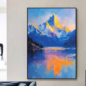 Large original Gold Textured Mountain Landscape Oil Painting – Large Abstract Snowy Mountains & Lake Canvas Wall Art for Living Room Decor
